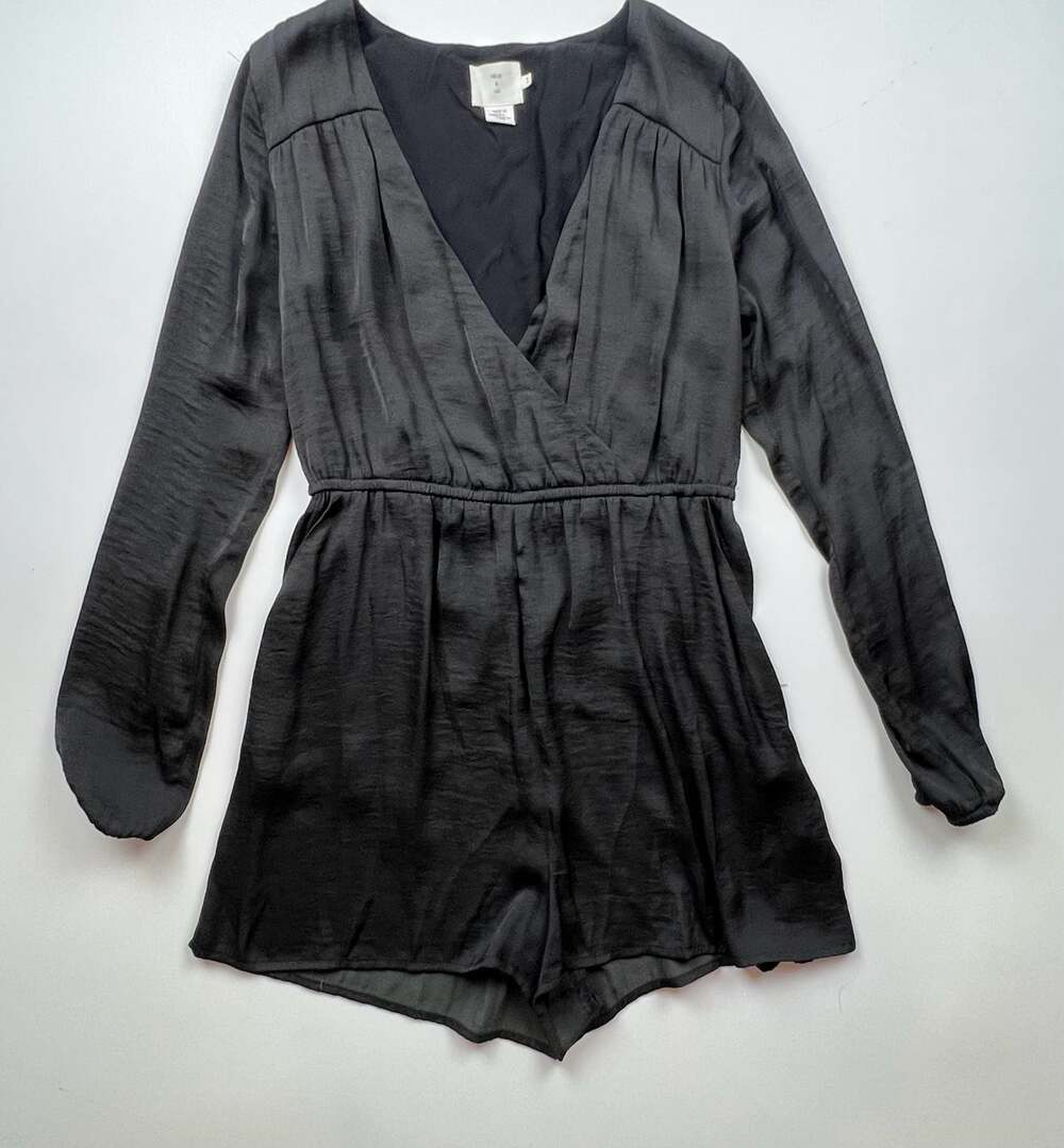 Alice & uo Long Sleeve Satin Wrap Romper in Black, Size Small